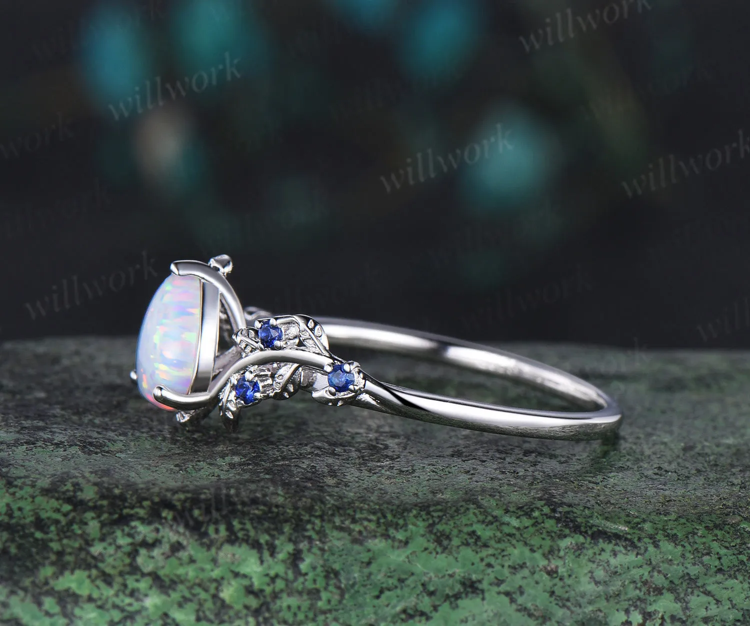 Pear shaped opal engagement ring white gold leaf branch vintage sapphire anniversary ring women sold by Willwork Jewelry product image thumbnail 5