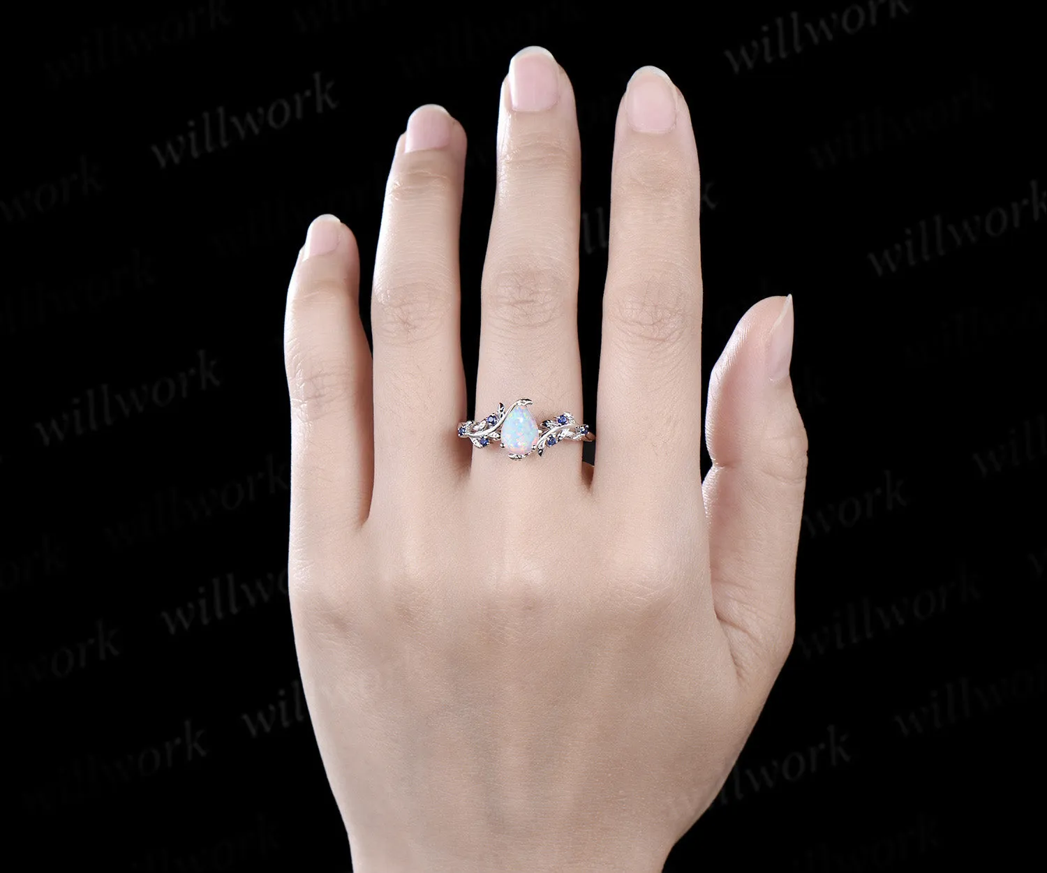 Pear shaped opal engagement ring white gold leaf branch vintage sapphire anniversary ring women sold by Willwork Jewelry product image thumbnail 2