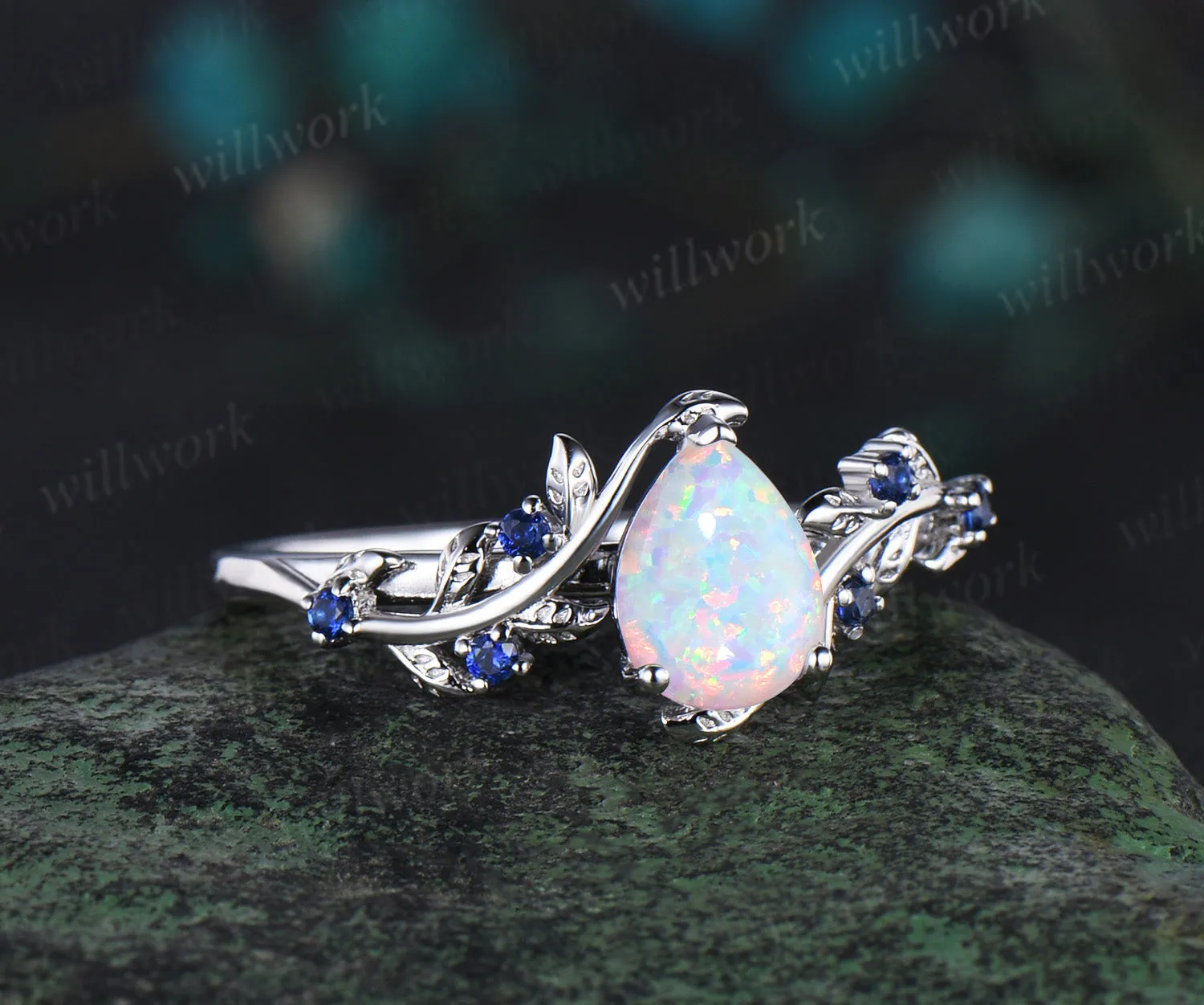 Pear shaped opal engagement ring white gold leaf branch vintage sapphire anniversary ring women sold by Willwork Jewelry product image thumbnail 3