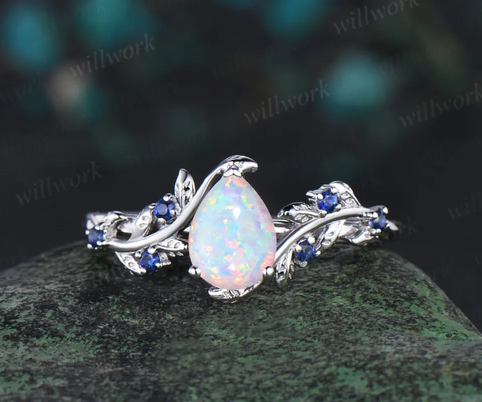 Pear shaped opal engagement ring white gold leaf branch vintage sapphire anniversary ring women sold by Willwork Jewelry