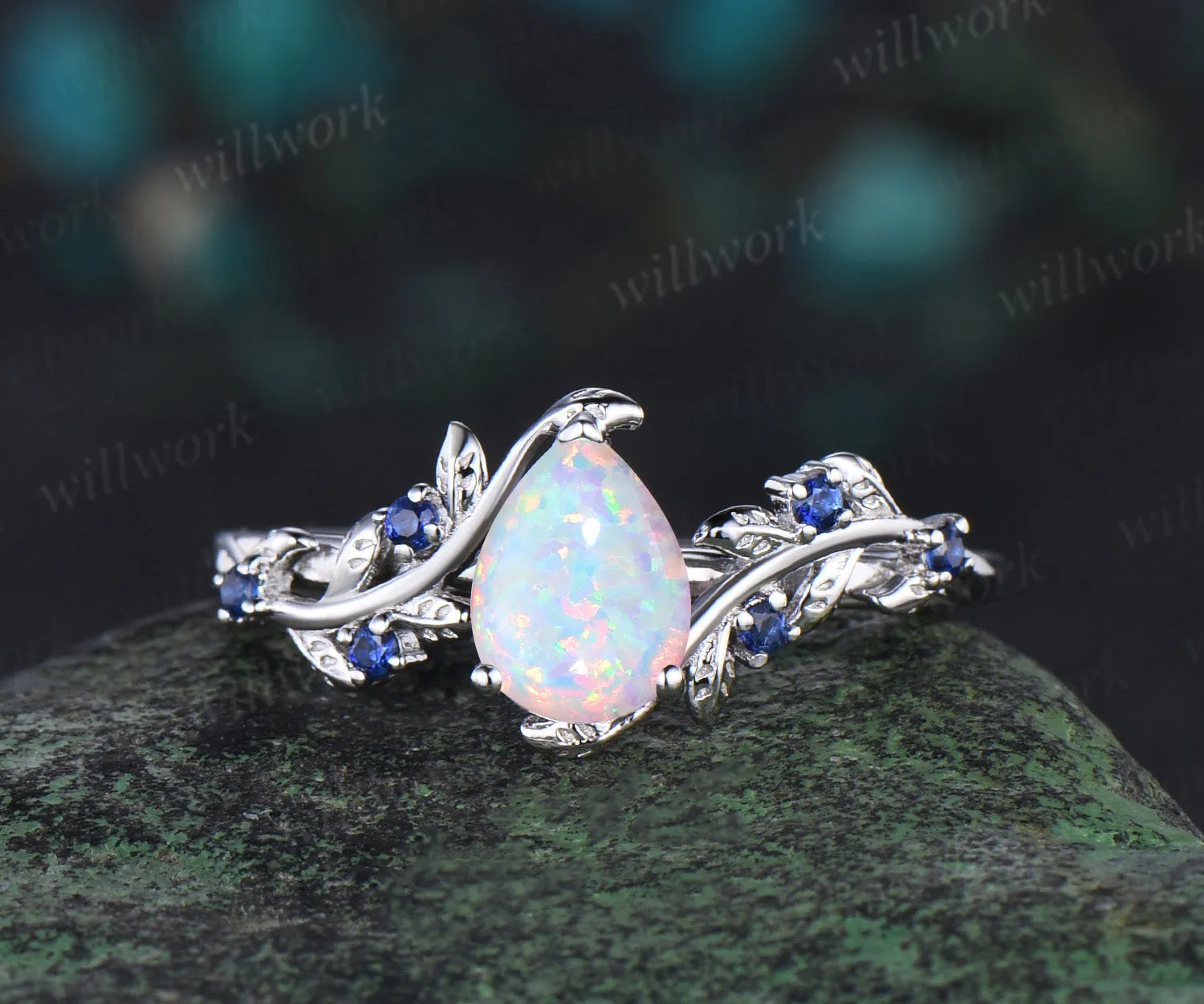 Pear shaped opal engagement ring white gold leaf branch vintage sapphire anniversary ring women sold by Willwork Jewelry