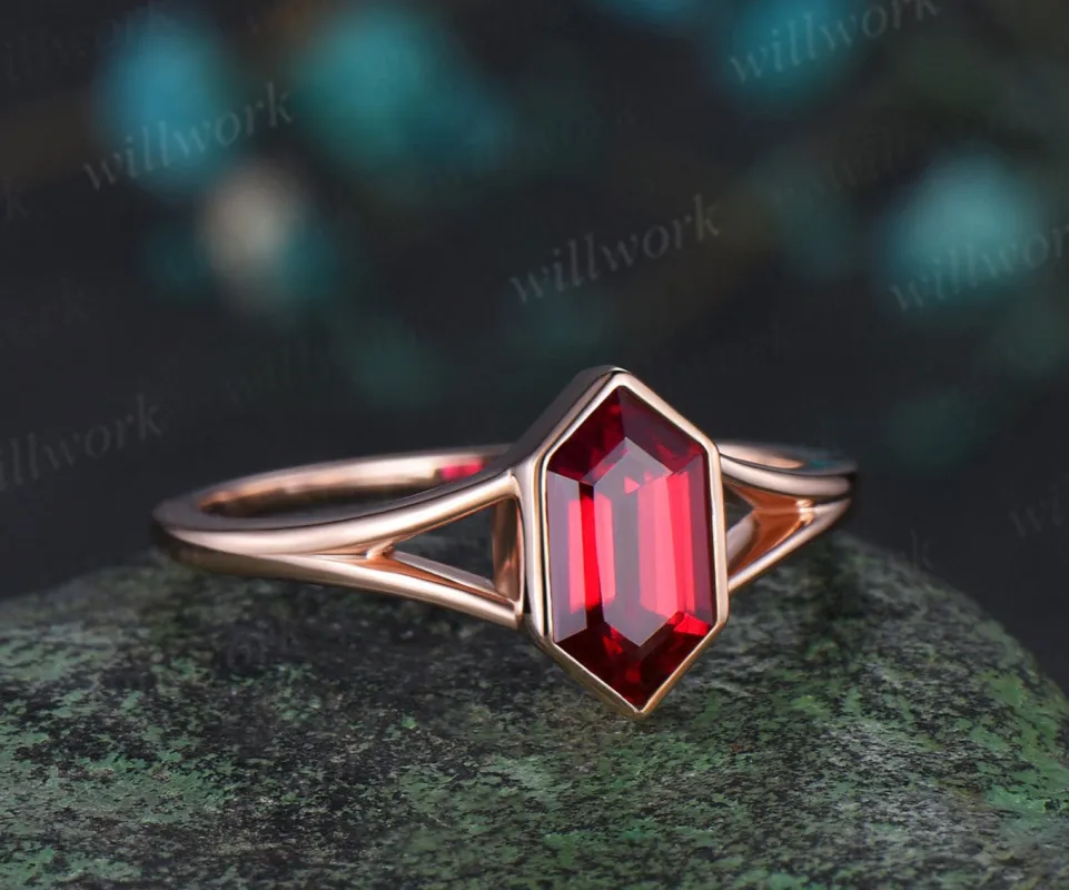 Vintage long hexagon cut red ruby Engagement Ring rose gold Solitaire split shank wedding anniversary promise ring women sold by Willwork Jewelry