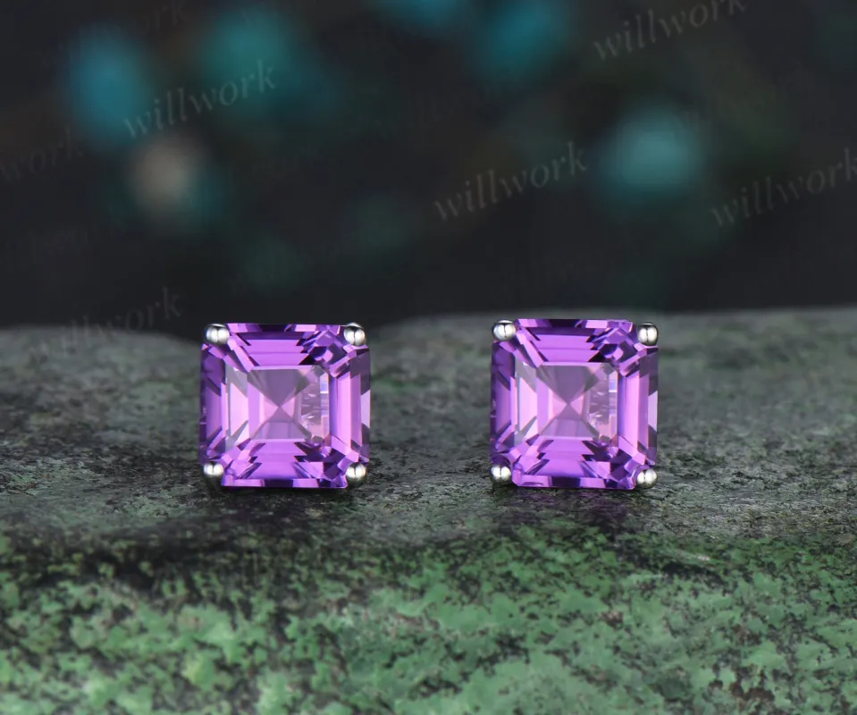 Solitaire Asscher Cut amethyst Earrings white gold Crystal Stud Earrings women February birthstone anniversary gift made by Willwork Jewelry