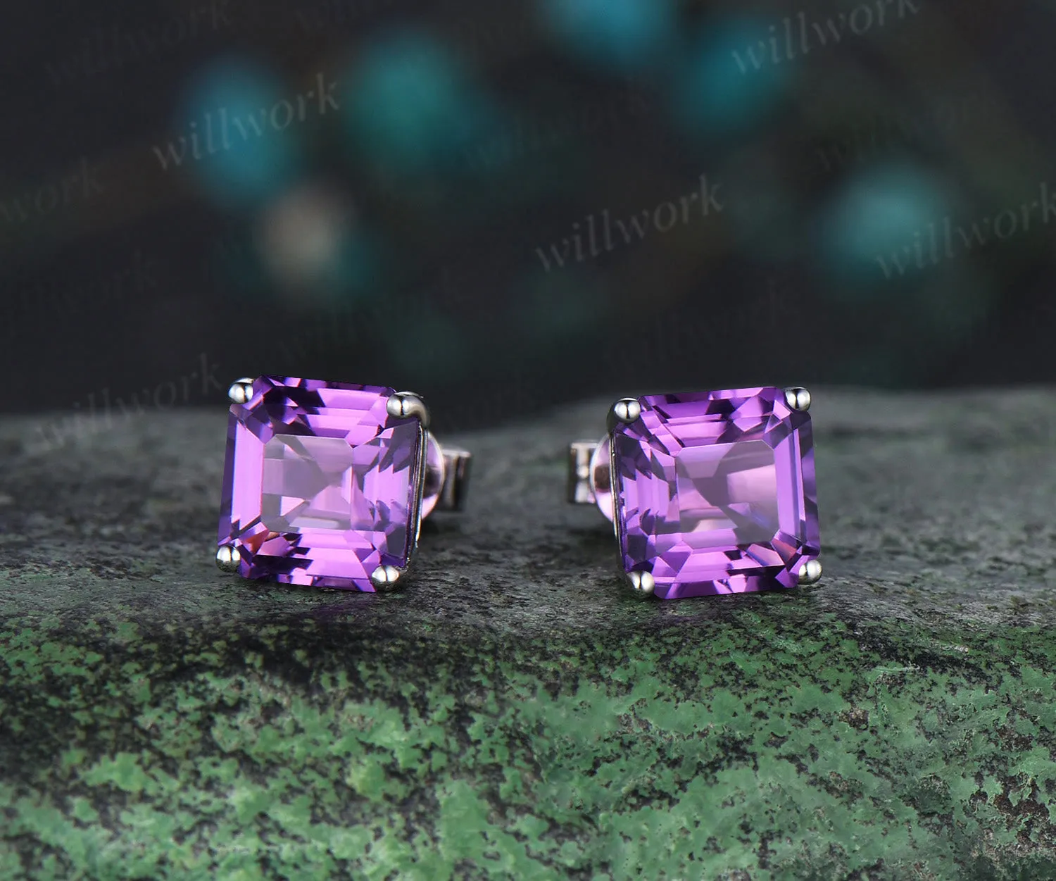 Solitaire Asscher Cut amethyst Earrings white gold Crystal Stud Earrings women February birthstone anniversary gift sold by Willwork Jewelry product image thumbnail 4