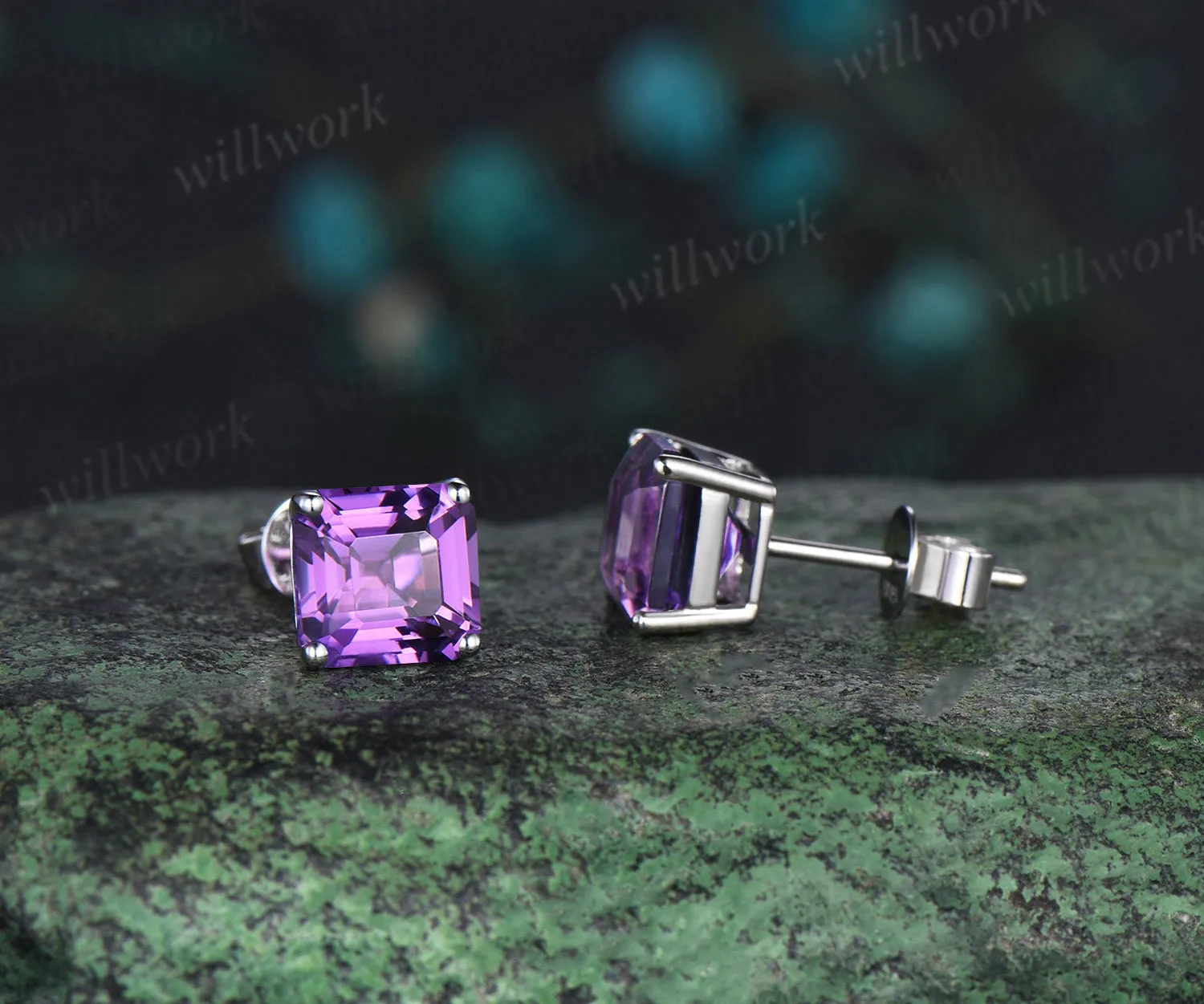Solitaire Asscher Cut amethyst Earrings white gold Crystal Stud Earrings women February birthstone anniversary gift sold by Willwork Jewelry product image thumbnail 5