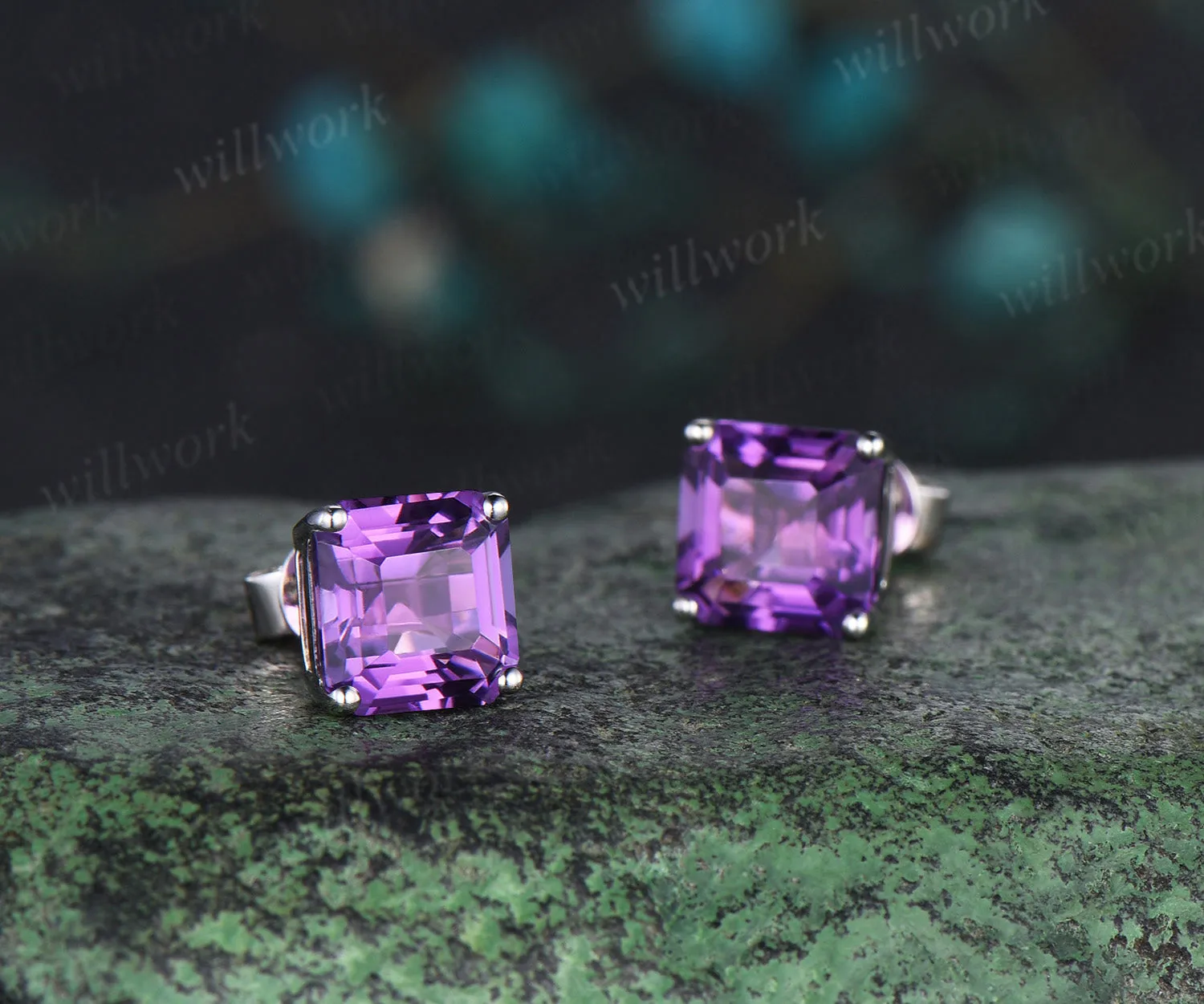 Solitaire Asscher Cut amethyst Earrings white gold Crystal Stud Earrings women February birthstone anniversary gift sold by Willwork Jewelry product image thumbnail 3