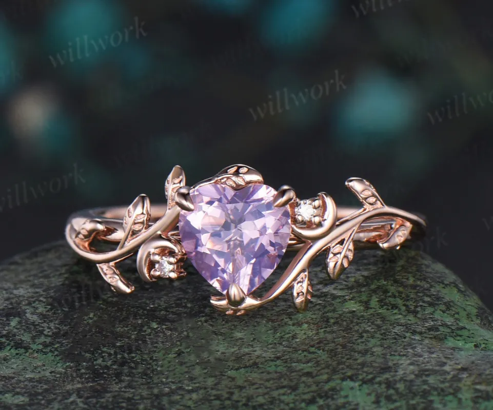 Vintage heart shaped Lavender Amethyst engagement ring rose gold twig leaf Nature inspired moon diamond anniversary ring women gift sold by Willwork Jewelry