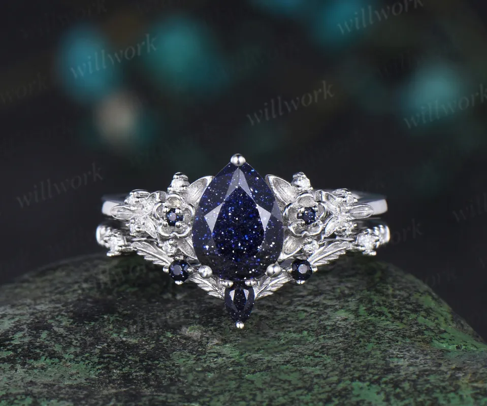Pear cut blue sandstone engagement ring white gold leaf floral unique cluster diamond bridal wedding ring set women gift sold by Willwork Jewelry