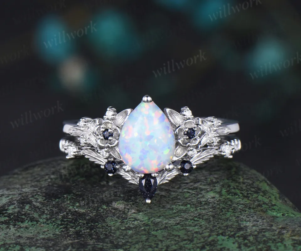 Pear opal engagement ring white gold leaf floral unique cluster blue sandstone diamond bridal wedding ring set women gift sold by Willwork Jewelry