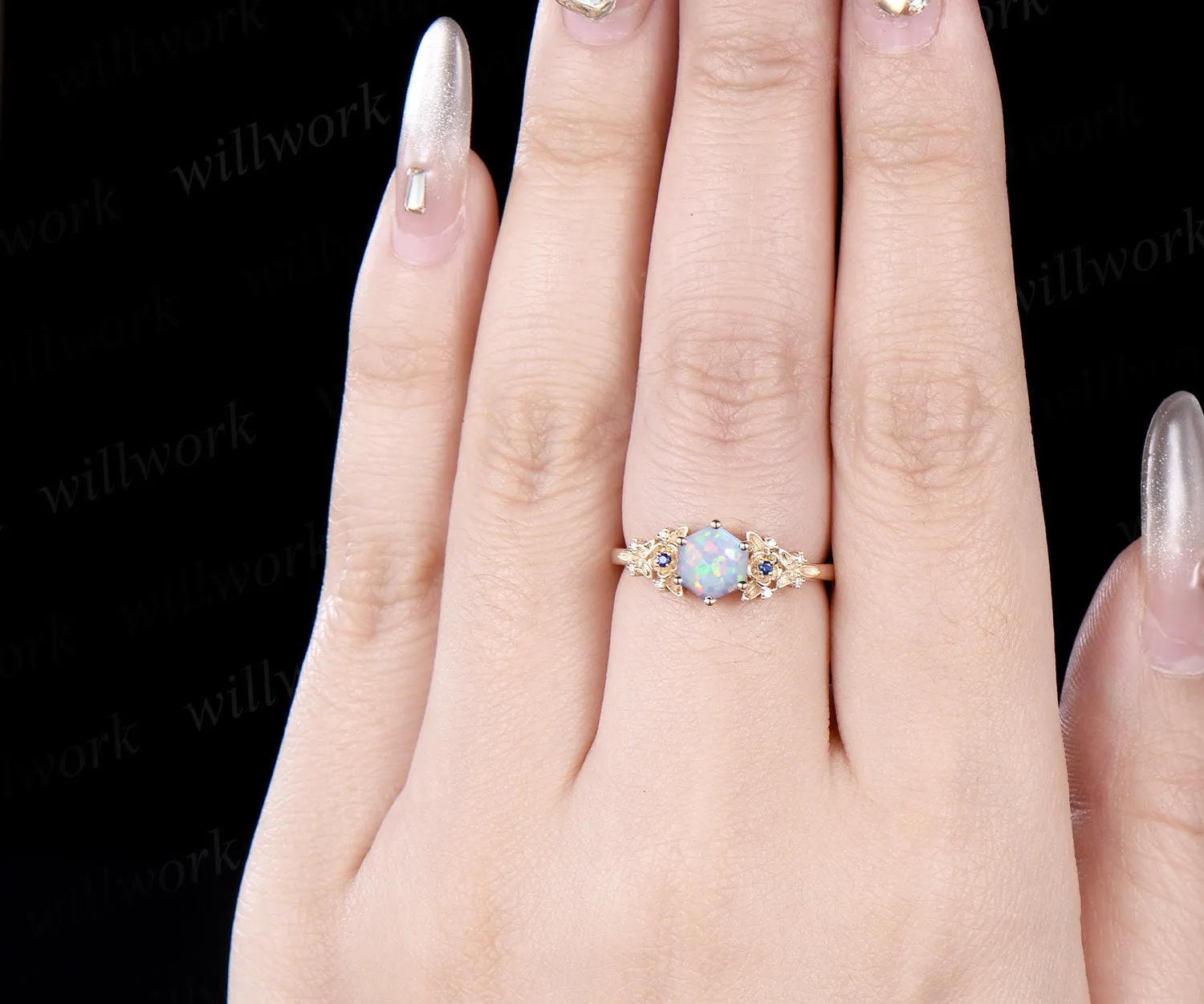 Vintage hexagon white opal engagement ring yellow gold twig leaf floral antique unique cluster diamond bridal wedding ring women gift sold by Willwork Jewelry product image thumbnail 2