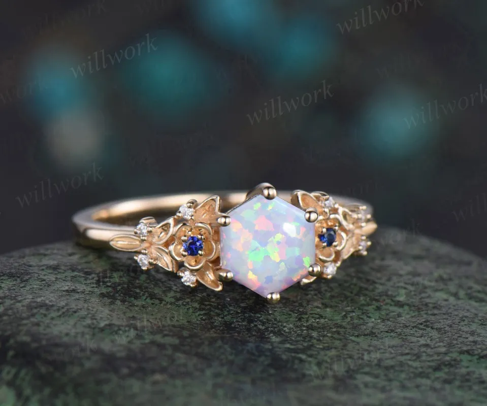 Vintage hexagon white opal engagement ring yellow gold twig leaf floral antique unique cluster diamond bridal wedding ring women gift sold by Willwork Jewelry