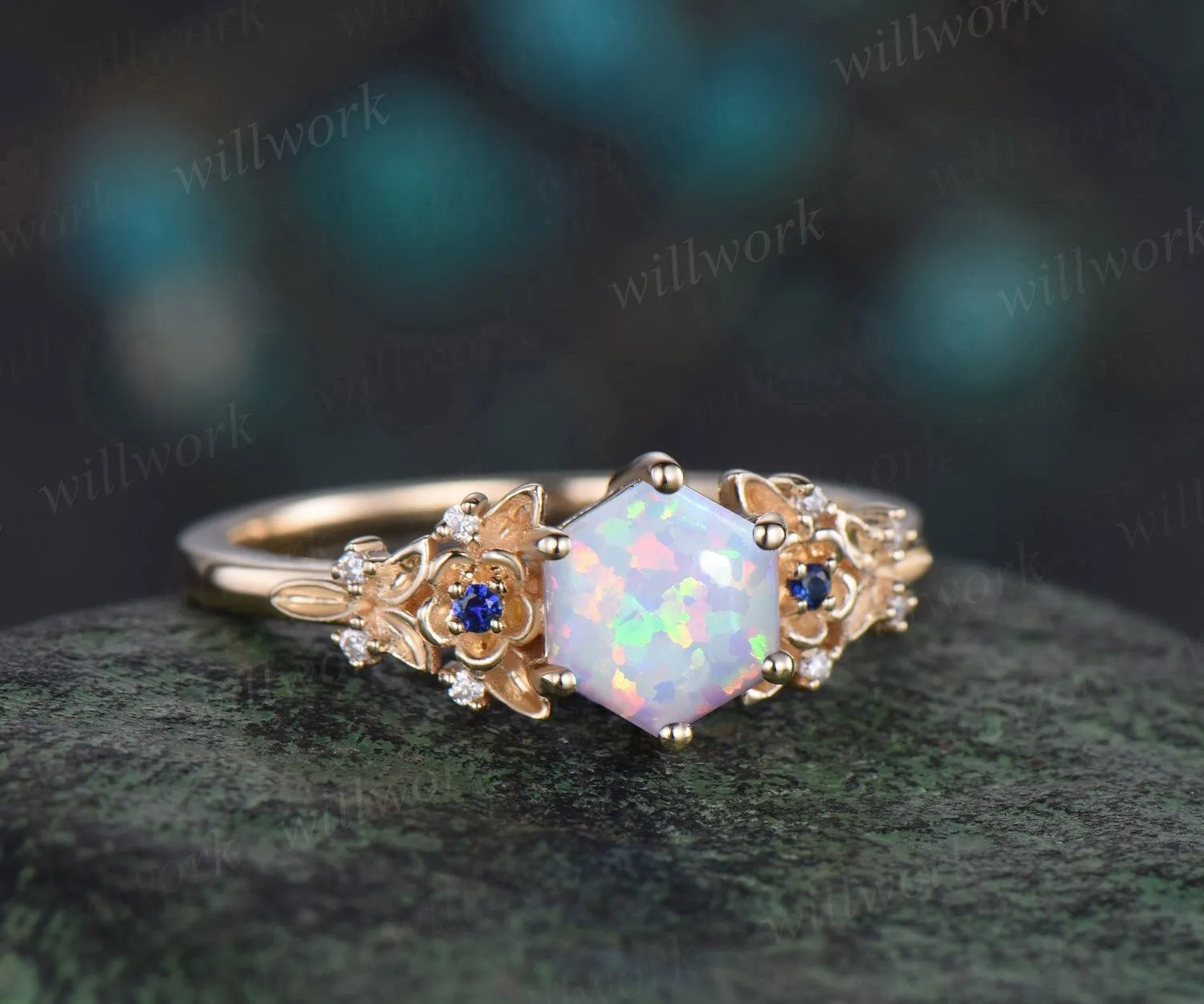 Vintage hexagon white opal engagement ring yellow gold twig leaf floral antique unique cluster diamond bridal wedding ring women gift sold by Willwork Jewelry