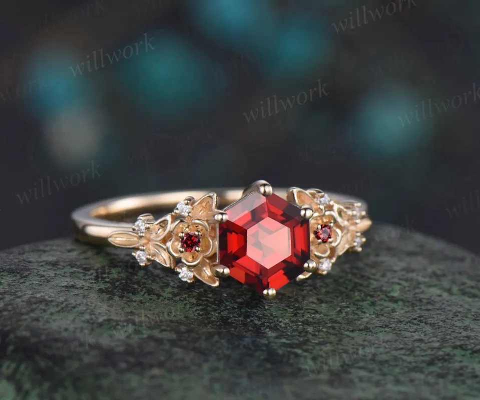 Vintage hexagon cut red garnet engagement ring yellow gold twig leaf floral antique unique cluster diamond wedding ring women gemstone gift sold by Willwork Jewelry