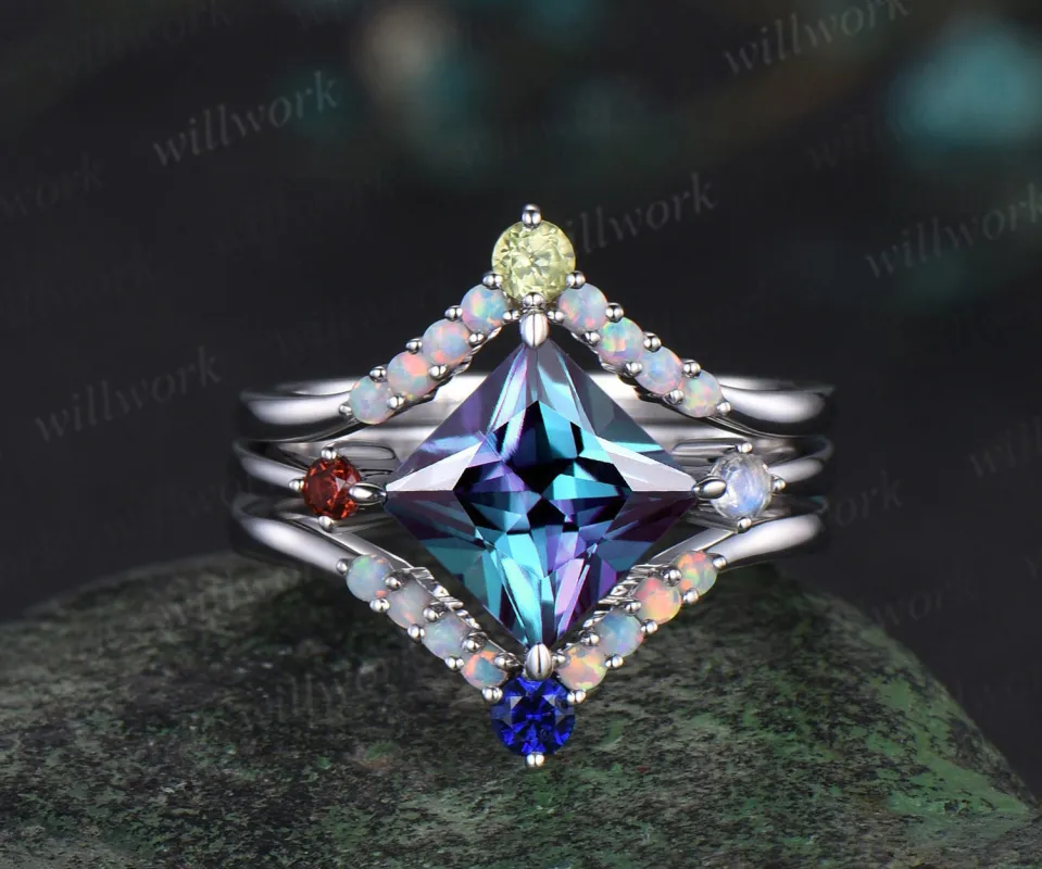 Princess cut Alexandrite engagement ring white gold opal moonstone sapphire garnet peridot bridal wedding ring set women gift jewelry sold by Willwork Jewelry