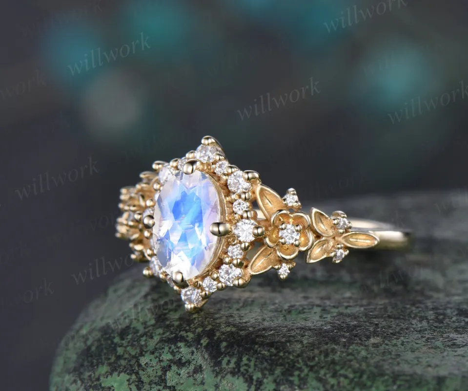 Oval cut natural moonstone engagement ring rose gold snowdrift halo floral leaf diamond ring vintage wedding promise ring women gift sold by Willwork Jewelry