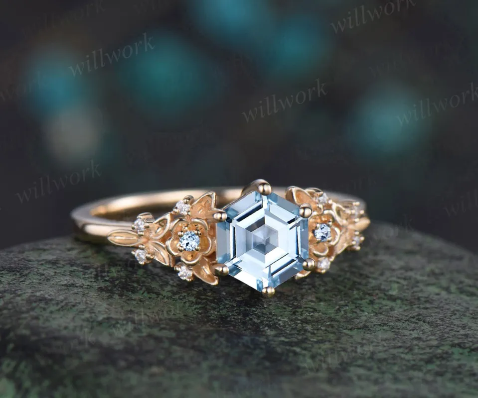 Vintage hexagon cut natural aquamarine engagement ring yellow gold twig leaf floral art deco unique cluster diamond wedding ring women gift sold by Willwork Jewelry