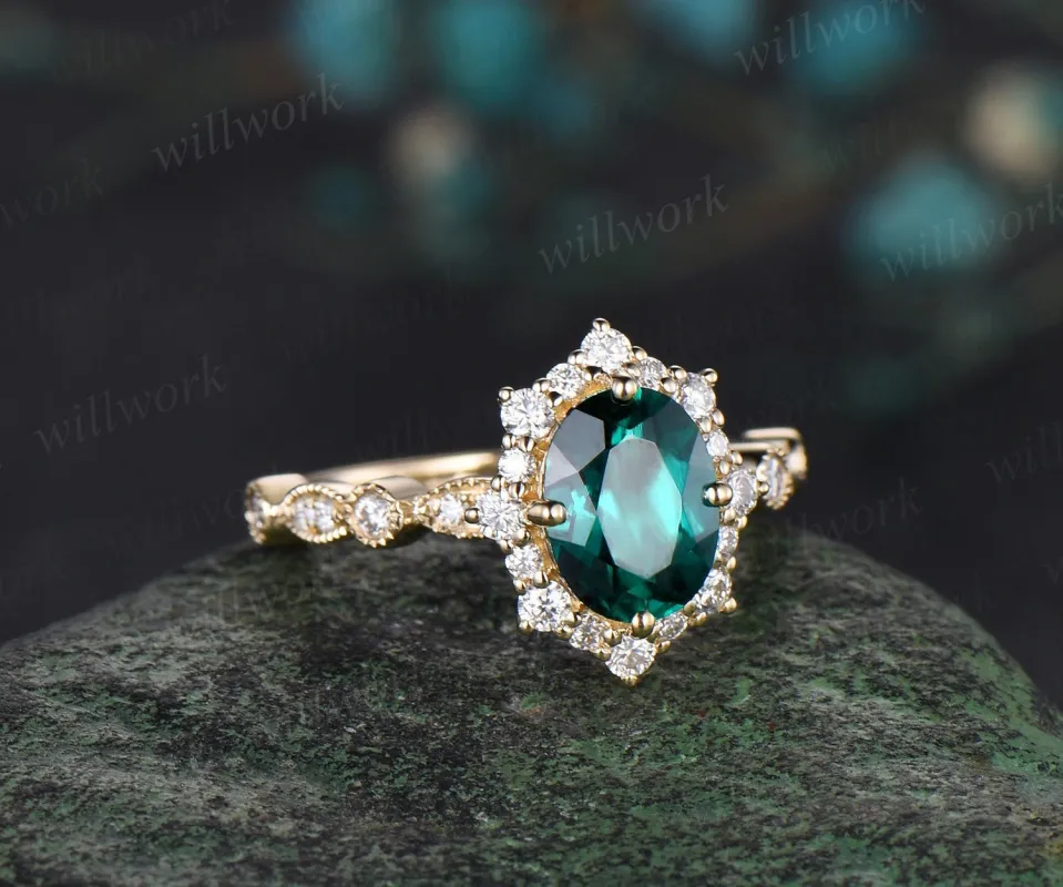 Oval cut emerald engagement ring 14k yellow gold Milgrain half eternity snowdrift halo diamond wedding promise ring women jewelry sold by Willwork Jewelry