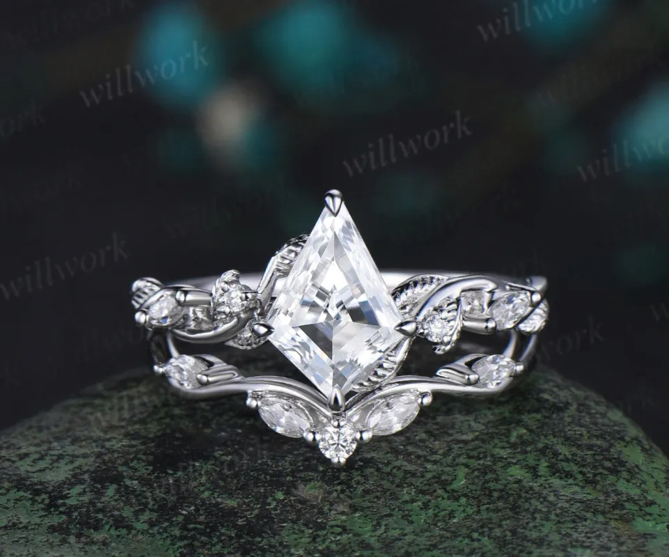 Kite cut moissanite engagement ring white gold five stone leaf twisted diamond promise bridal ring set women sold by Willwork Jewelry