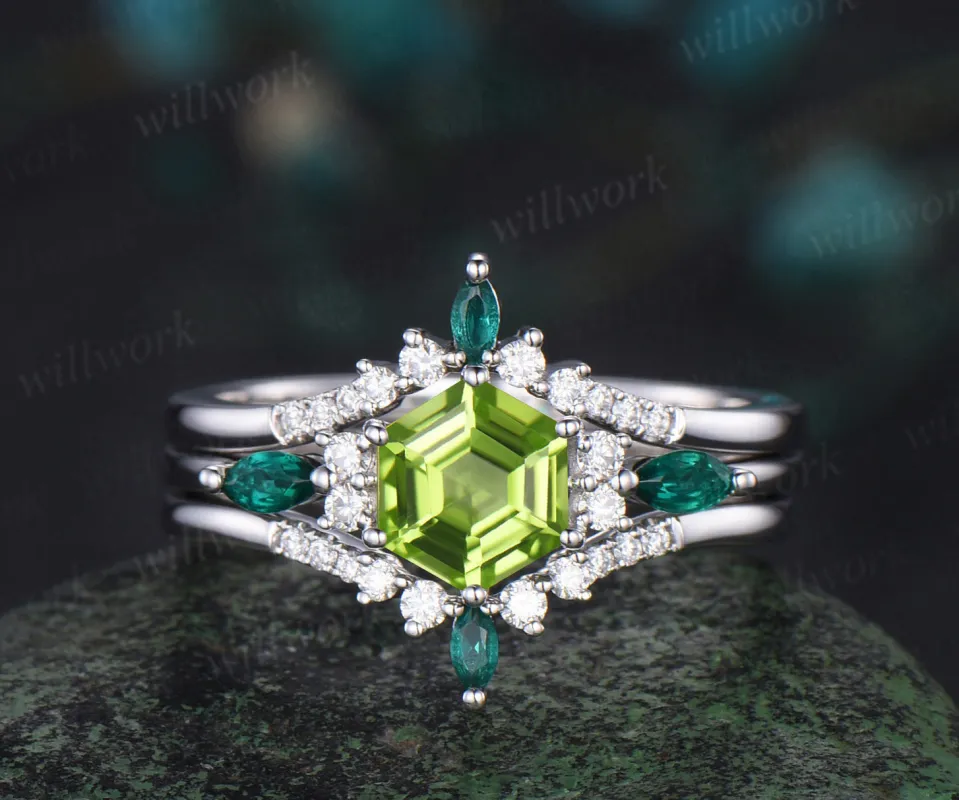Hexagon cut peridot engagement ring set white gold August birthstone emerald moissanite stacking bridal set women sold by Willwork Jewelry