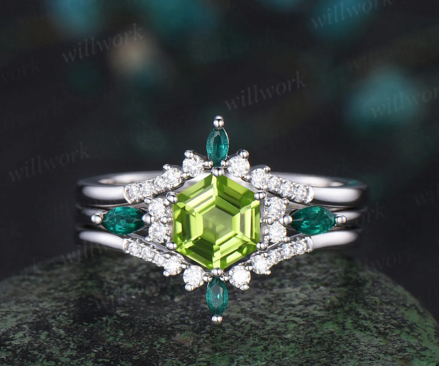 Hexagon cut peridot engagement ring set white gold August birthstone emerald moissanite stacking bridal set women sold by Willwork Jewelry