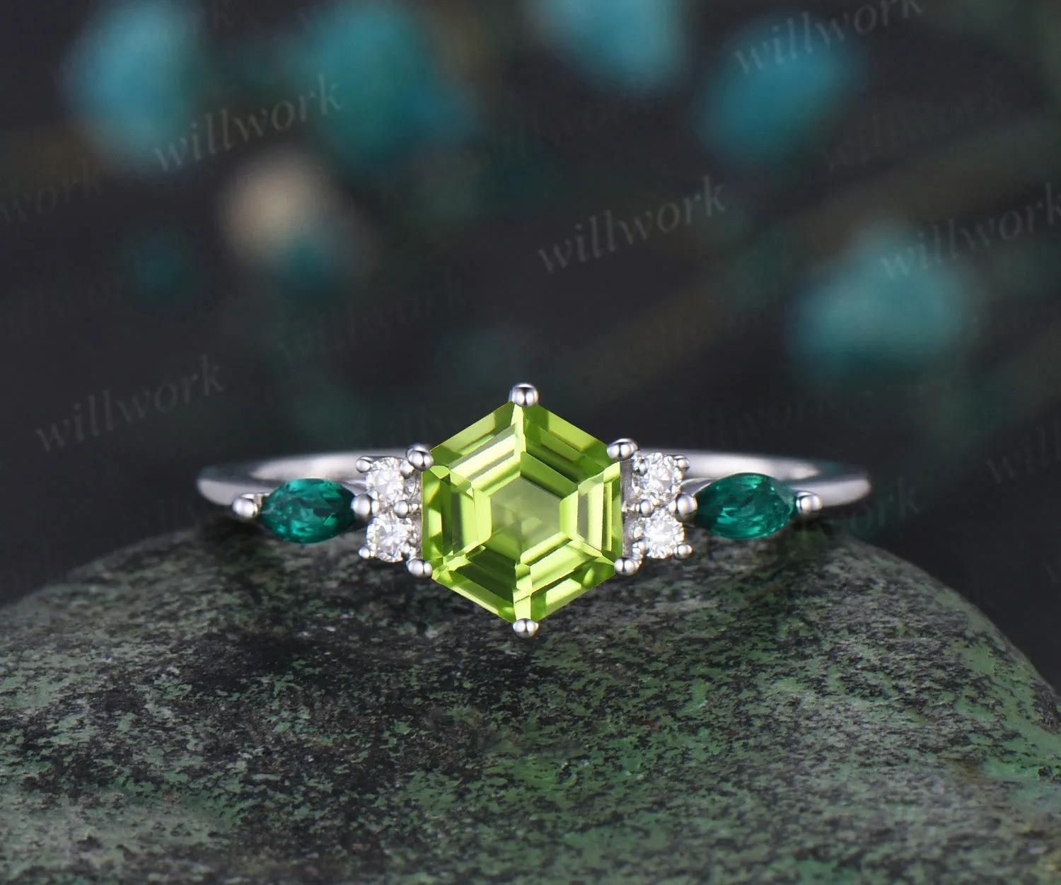 Hexagon cut peridot engagement ring set white gold August birthstone emerald moissanite stacking bridal set women sold by Willwork Jewelry product image thumbnail 5