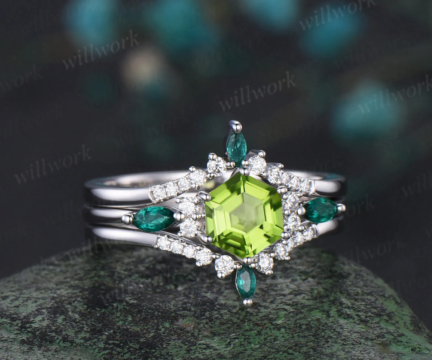 Hexagon cut peridot engagement ring set white gold August birthstone emerald moissanite stacking bridal set women sold by Willwork Jewelry product image thumbnail 3