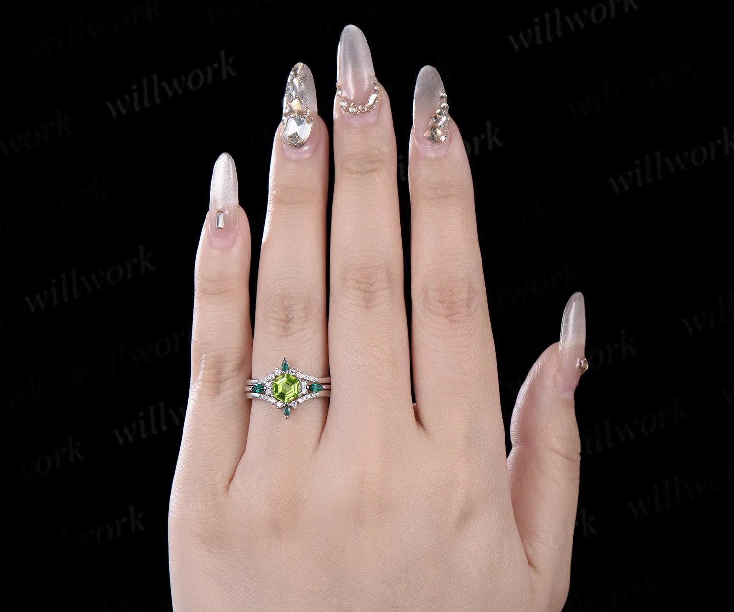 Hexagon cut peridot engagement ring set white gold August birthstone emerald moissanite stacking bridal set women sold by Willwork Jewelry product image thumbnail 2