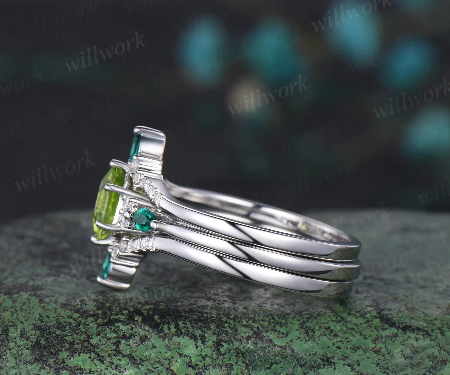 Hexagon cut peridot engagement ring set white gold August birthstone emerald moissanite stacking bridal set women sold by Willwork Jewelry product image thumbnail 4
