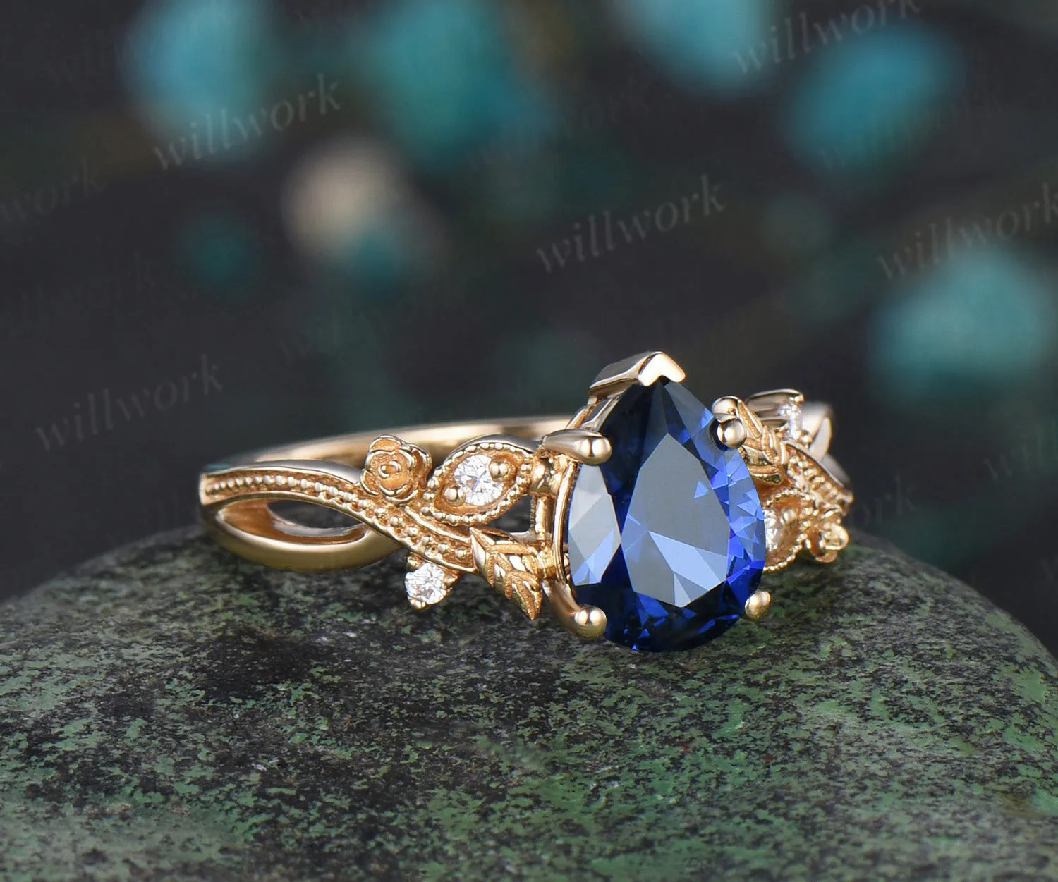 Pear shaped blue sapphire engagement ring yellow gold floral Milgrain twisted leaf diamond wedding anniversary ring women gift sold by Willwork Jewelry product image thumbnail 3