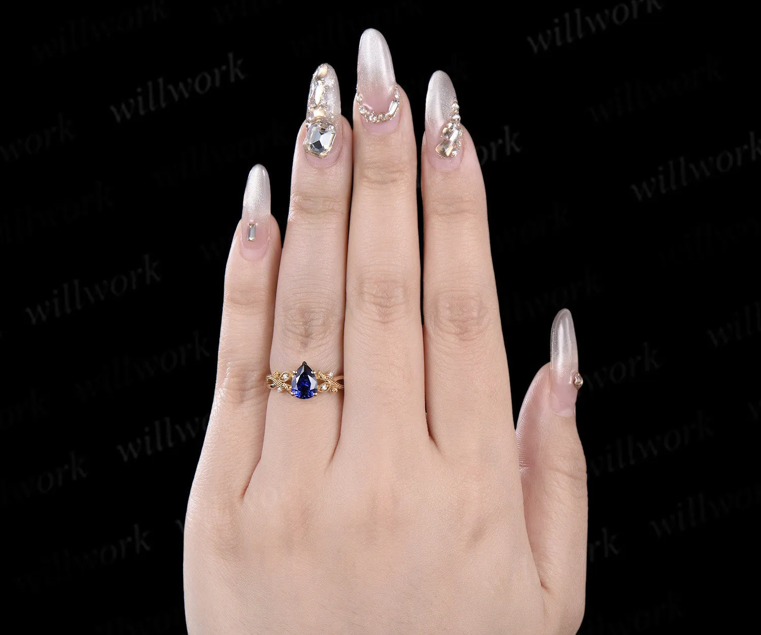 Pear shaped blue sapphire engagement ring yellow gold floral Milgrain twisted leaf diamond wedding anniversary ring women gift sold by Willwork Jewelry product image thumbnail 2