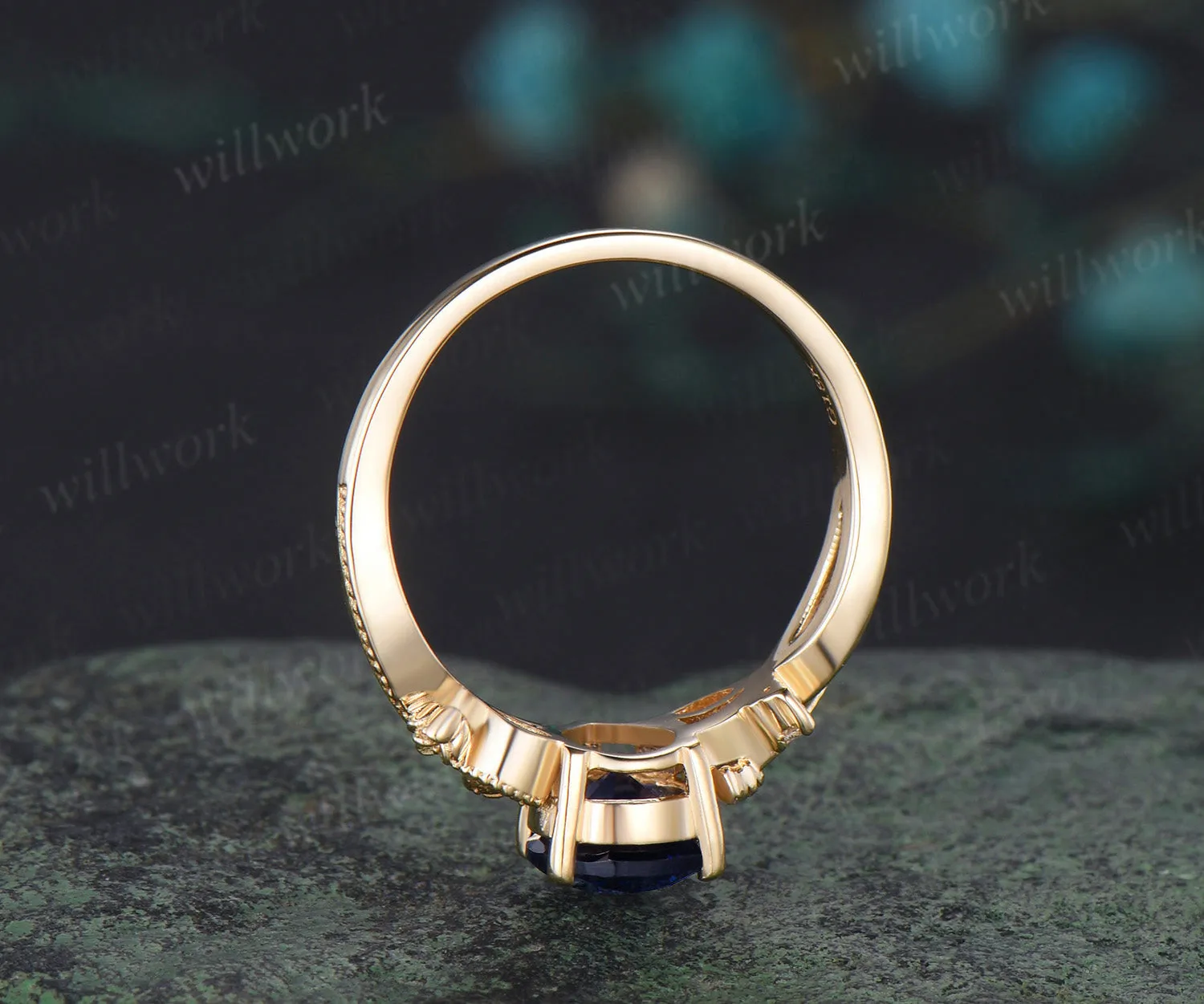 Pear shaped blue sapphire engagement ring yellow gold floral Milgrain twisted leaf diamond wedding anniversary ring women gift sold by Willwork Jewelry product image thumbnail 5