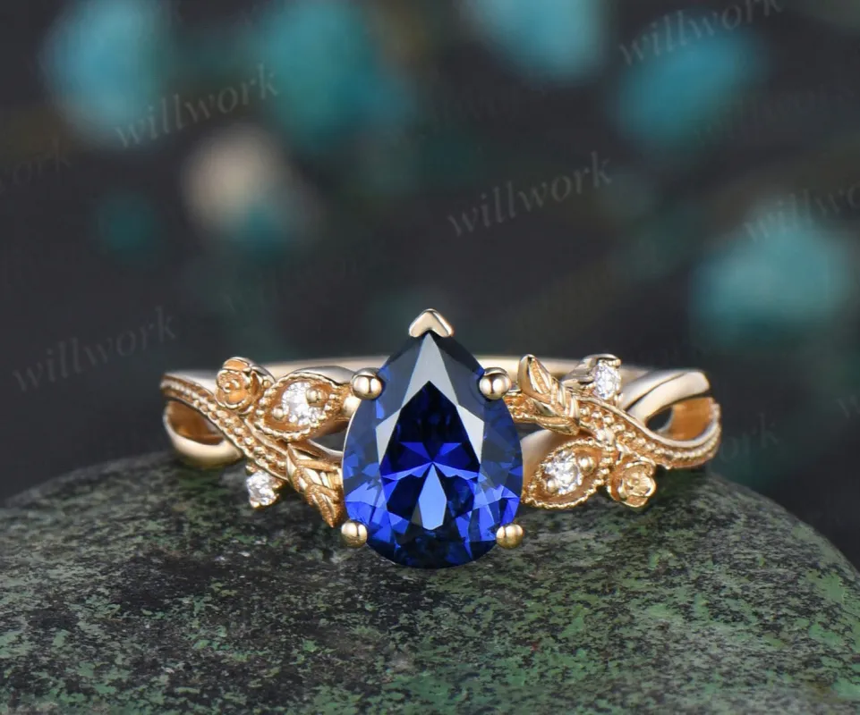 Pear shaped blue sapphire engagement ring yellow gold floral Milgrain twisted leaf diamond wedding anniversary ring women gift sold by Willwork Jewelry
