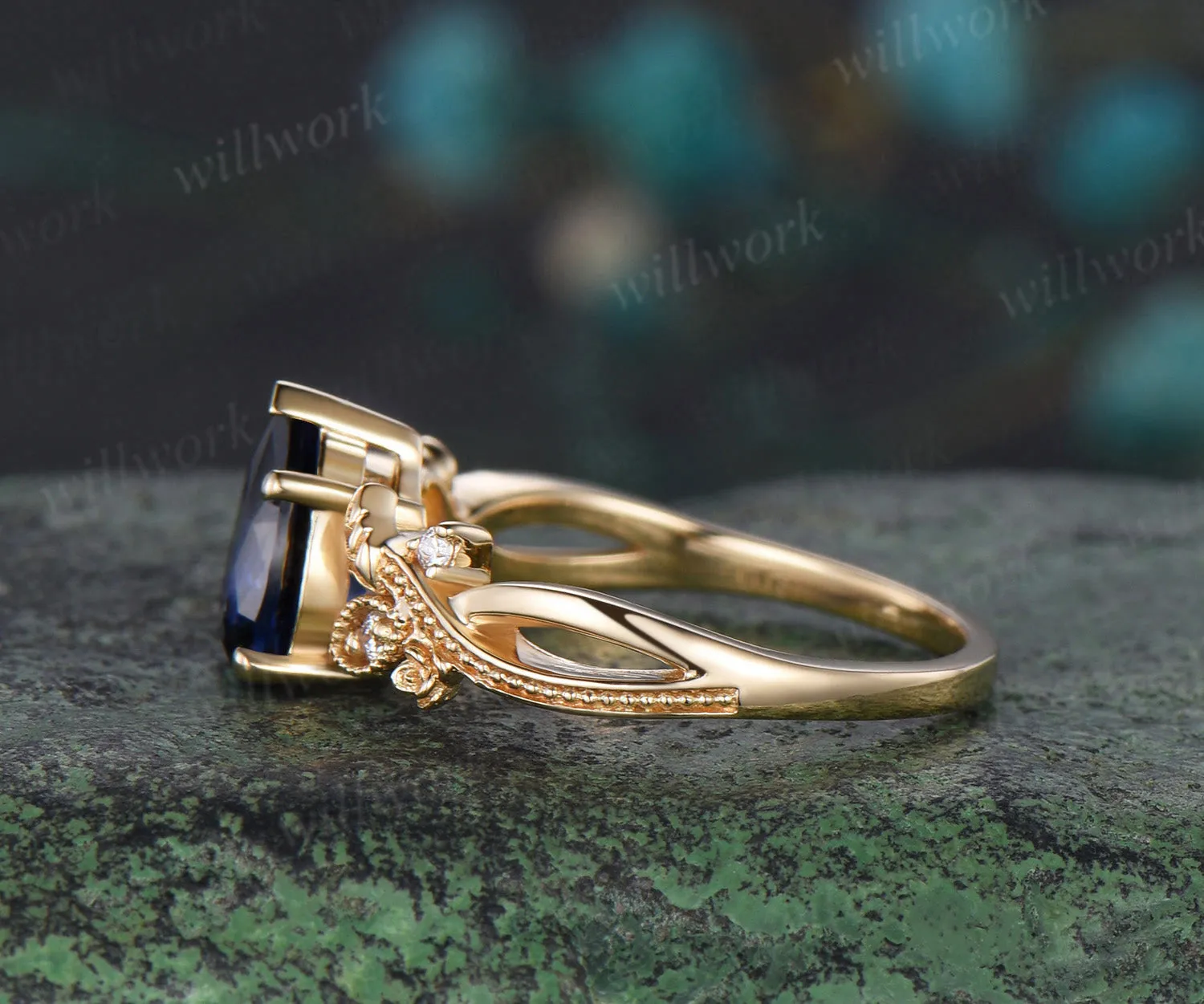 Pear shaped blue sapphire engagement ring yellow gold floral Milgrain twisted leaf diamond wedding anniversary ring women gift sold by Willwork Jewelry product image thumbnail 4