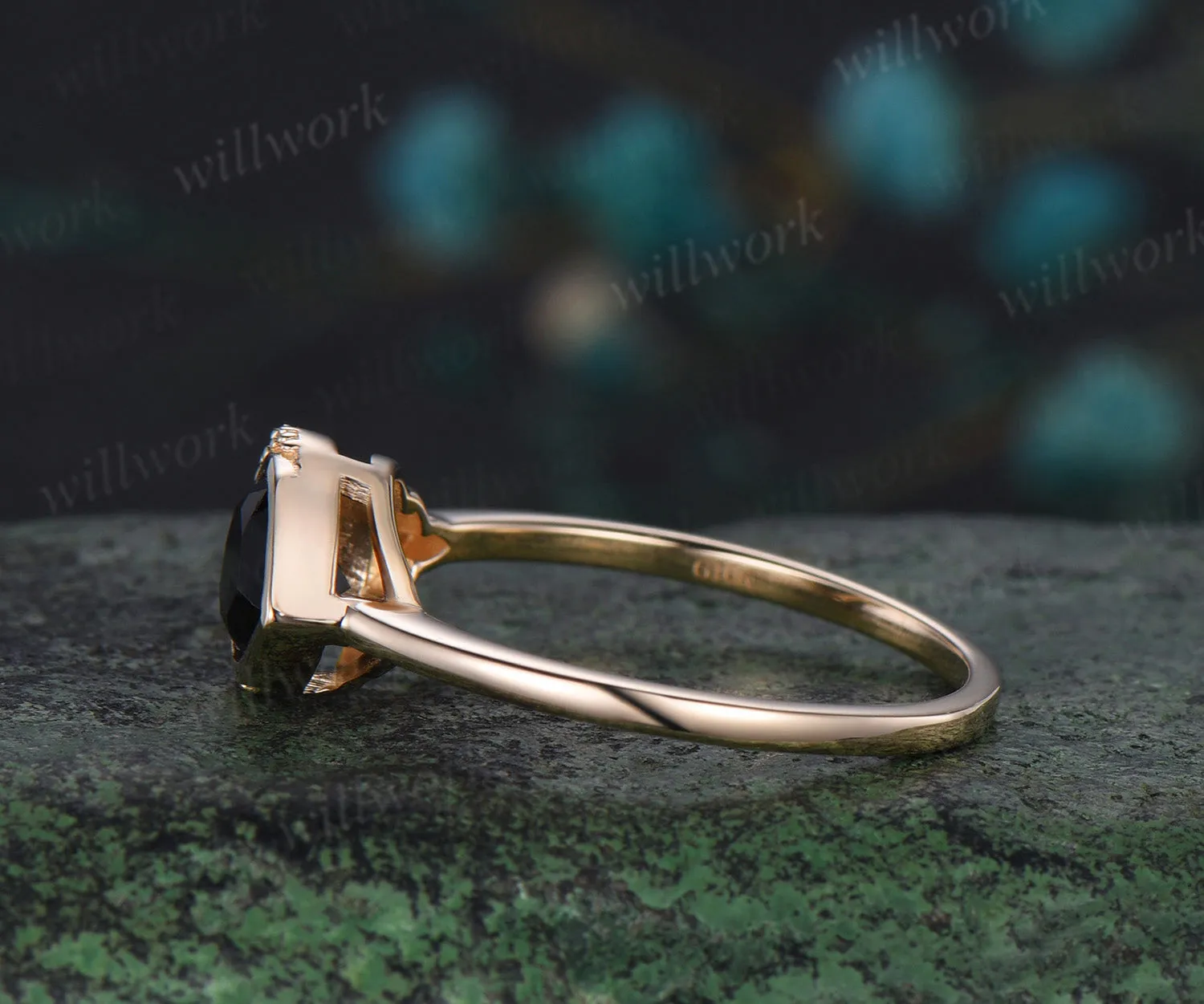 Pear shaped black onyx engagement ring solid 14k yellow gold bezel moon Celtic knot wedding ring women gemstone sold by Willwork Jewelry product image thumbnail 5