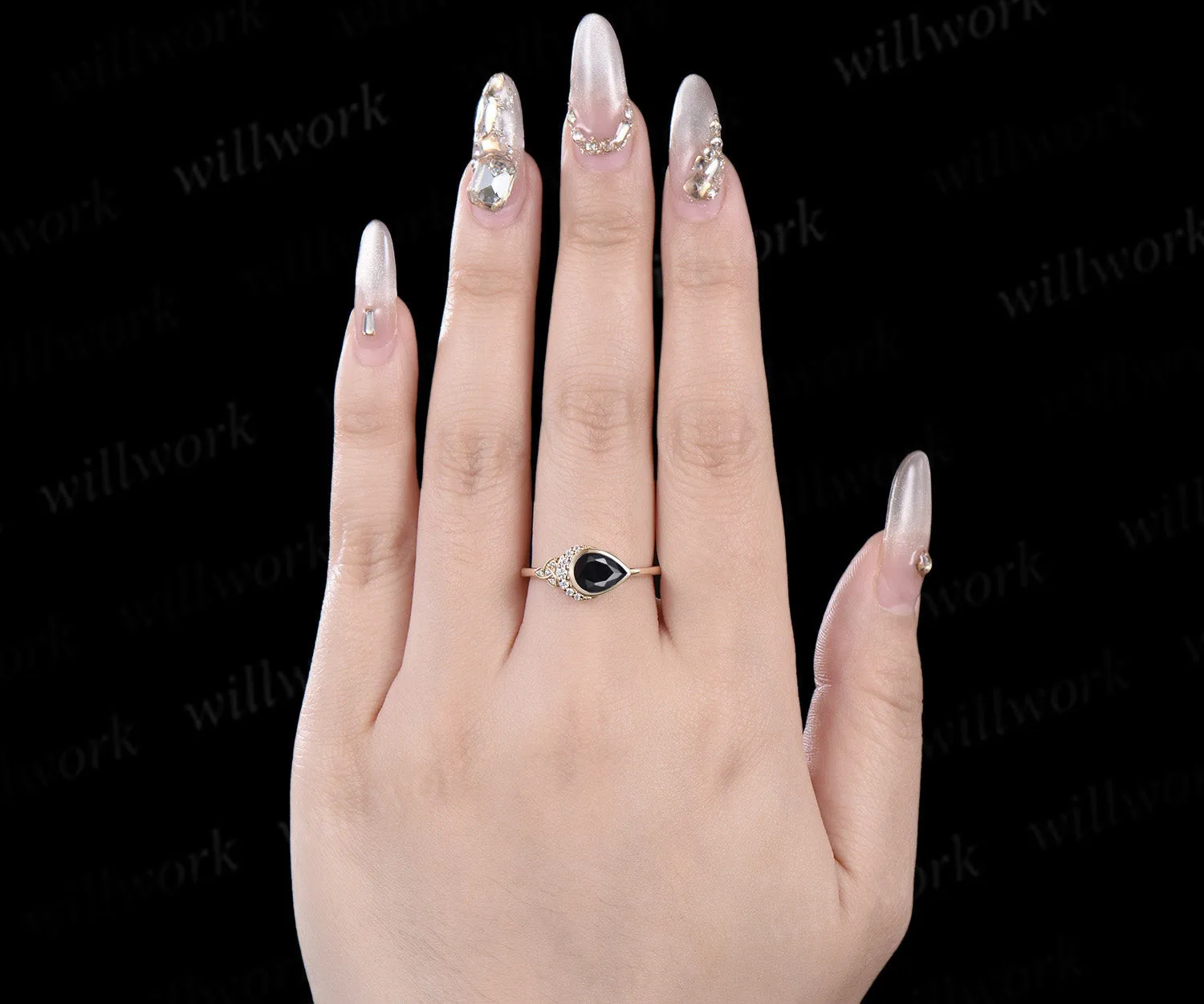 Pear shaped black onyx engagement ring solid 14k yellow gold bezel moon Celtic knot wedding ring women gemstone sold by Willwork Jewelry product image thumbnail 2