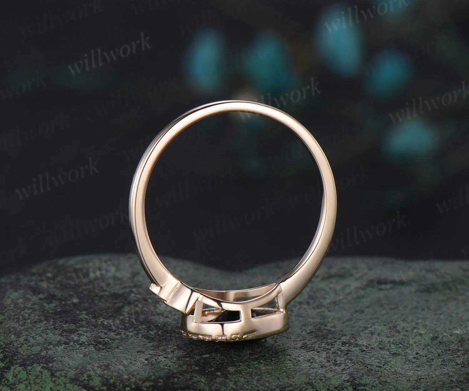 Pear shaped black onyx engagement ring solid 14k yellow gold bezel moon Celtic knot wedding ring women gemstone sold by Willwork Jewelry product image thumbnail 4