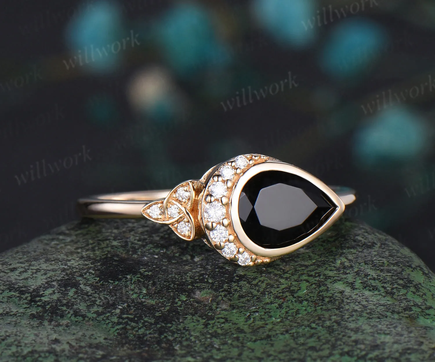 Pear shaped black onyx engagement ring solid 14k yellow gold bezel moon Celtic knot wedding ring women gemstone sold by Willwork Jewelry product image thumbnail 3
