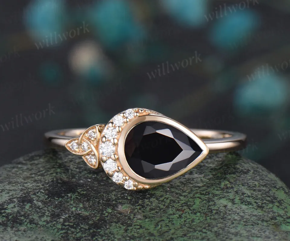 Pear shaped black onyx engagement ring solid 14k yellow gold bezel moon Celtic knot wedding ring women gemstone made by Willwork Jewelry