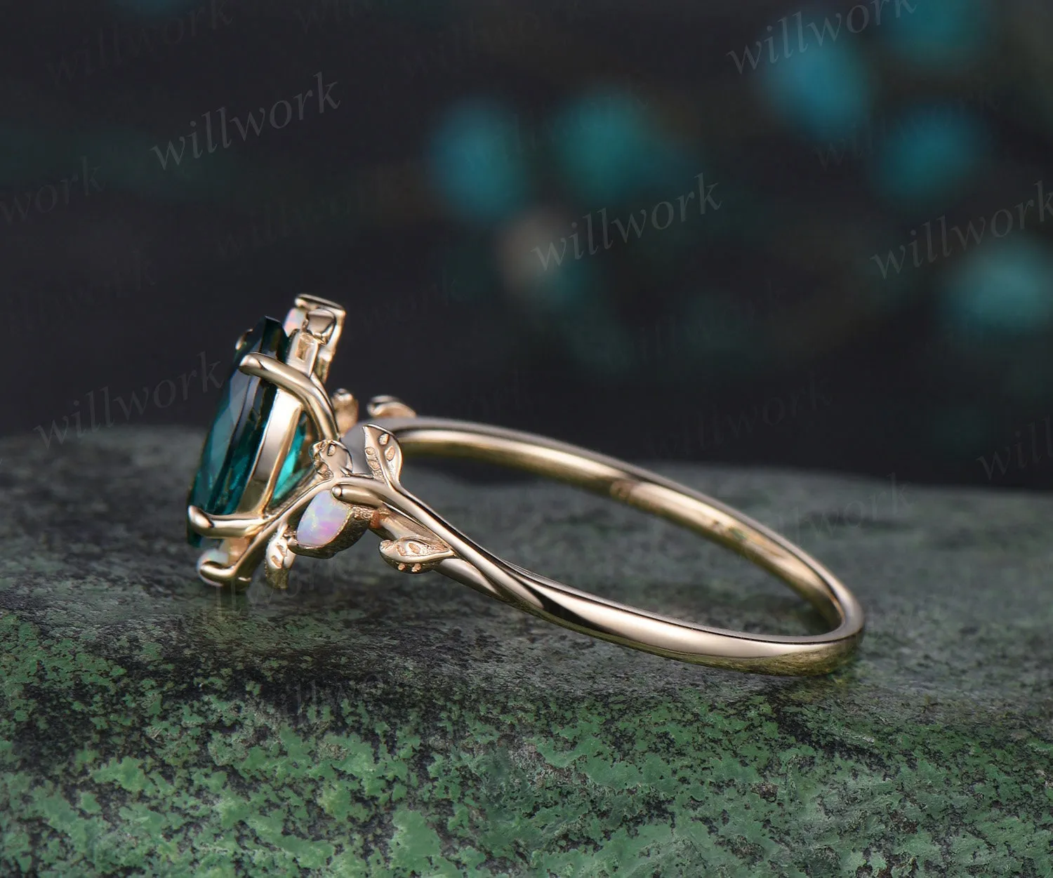 Vintage marquise cut green emerald engagement ring solid 14k yellow gold leaf nature inspired five stone anniversary wedding ring women sold by Willwork Jewelry product image thumbnail 4