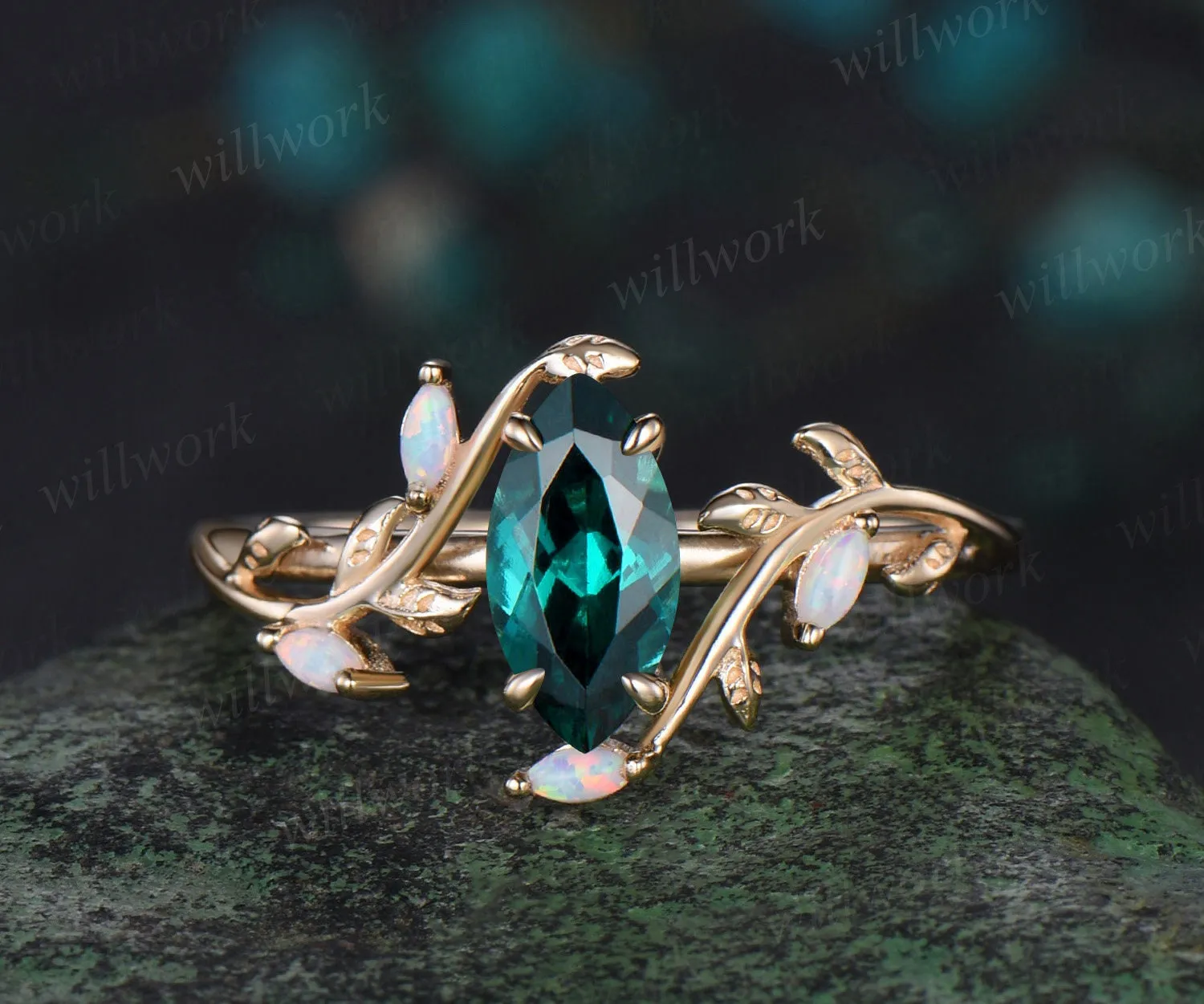 Vintage marquise cut green emerald engagement ring solid 14k yellow gold leaf nature inspired five stone anniversary wedding ring women sold by Willwork Jewelry