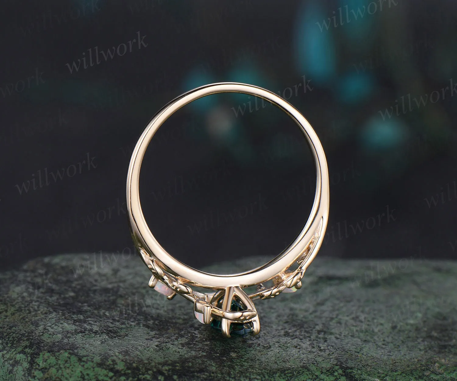 Vintage marquise cut green emerald engagement ring solid 14k yellow gold leaf nature inspired five stone anniversary wedding ring women sold by Willwork Jewelry product image thumbnail 5