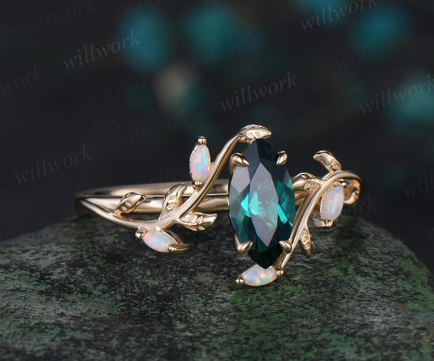 Vintage marquise cut green emerald engagement ring solid 14k yellow gold leaf nature inspired five stone anniversary wedding ring women sold by Willwork Jewelry product image thumbnail 2