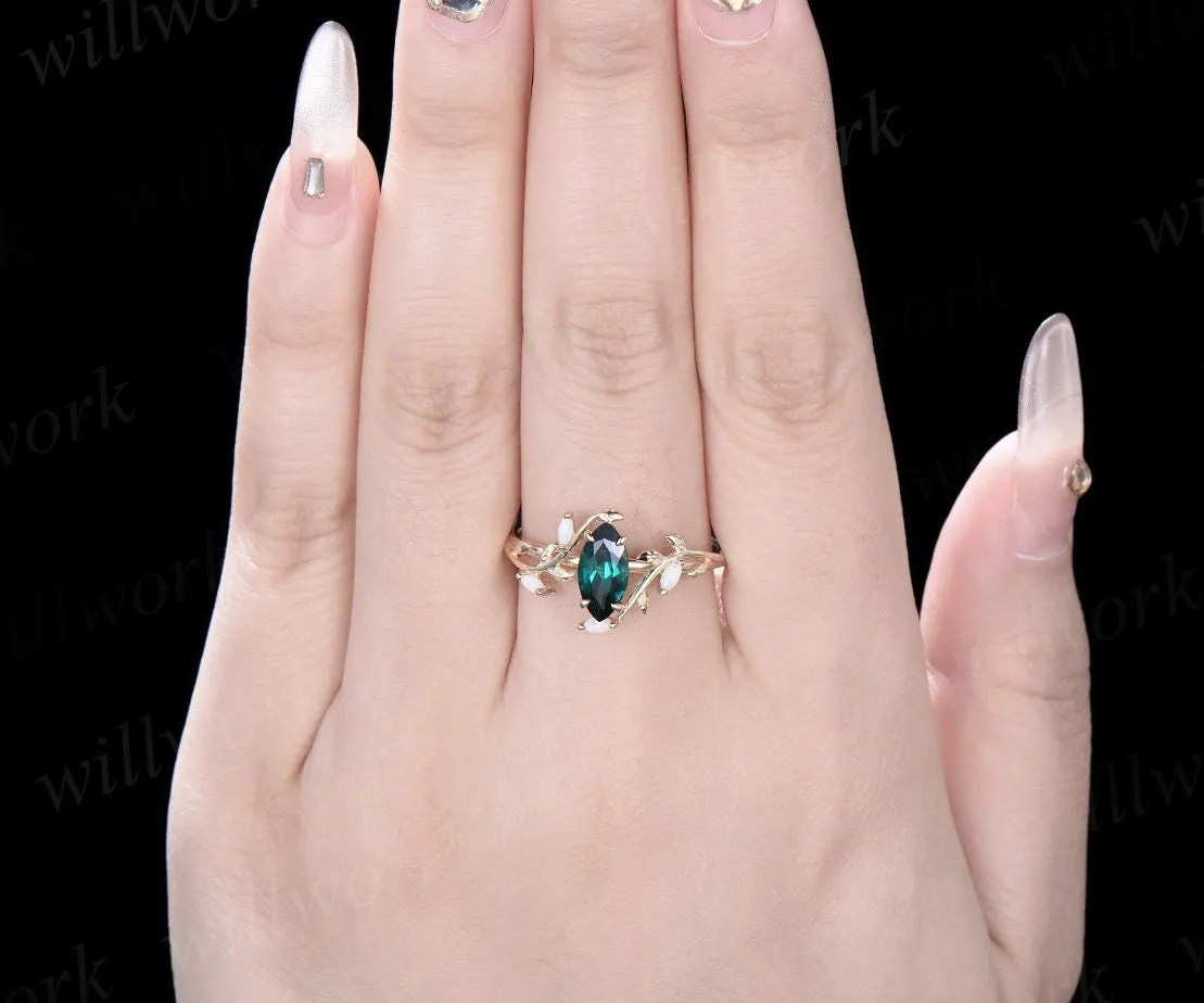 Vintage marquise cut green emerald engagement ring solid 14k yellow gold leaf nature inspired five stone anniversary wedding ring women sold by Willwork Jewelry product image thumbnail 3