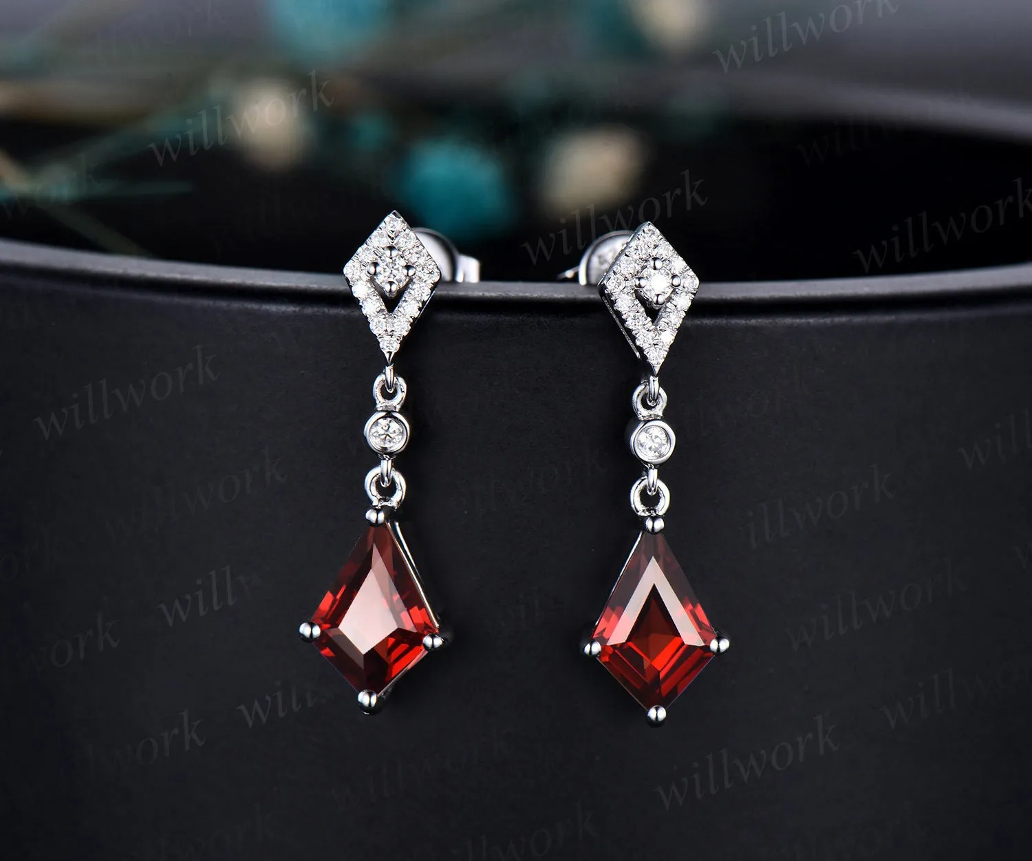 Vintage kite cut red garnet earrings solid 14k yellow gold halo diamond drop earrings women January birthstone dainty anniversary gift her sold by Willwork Jewelry product image thumbnail 5
