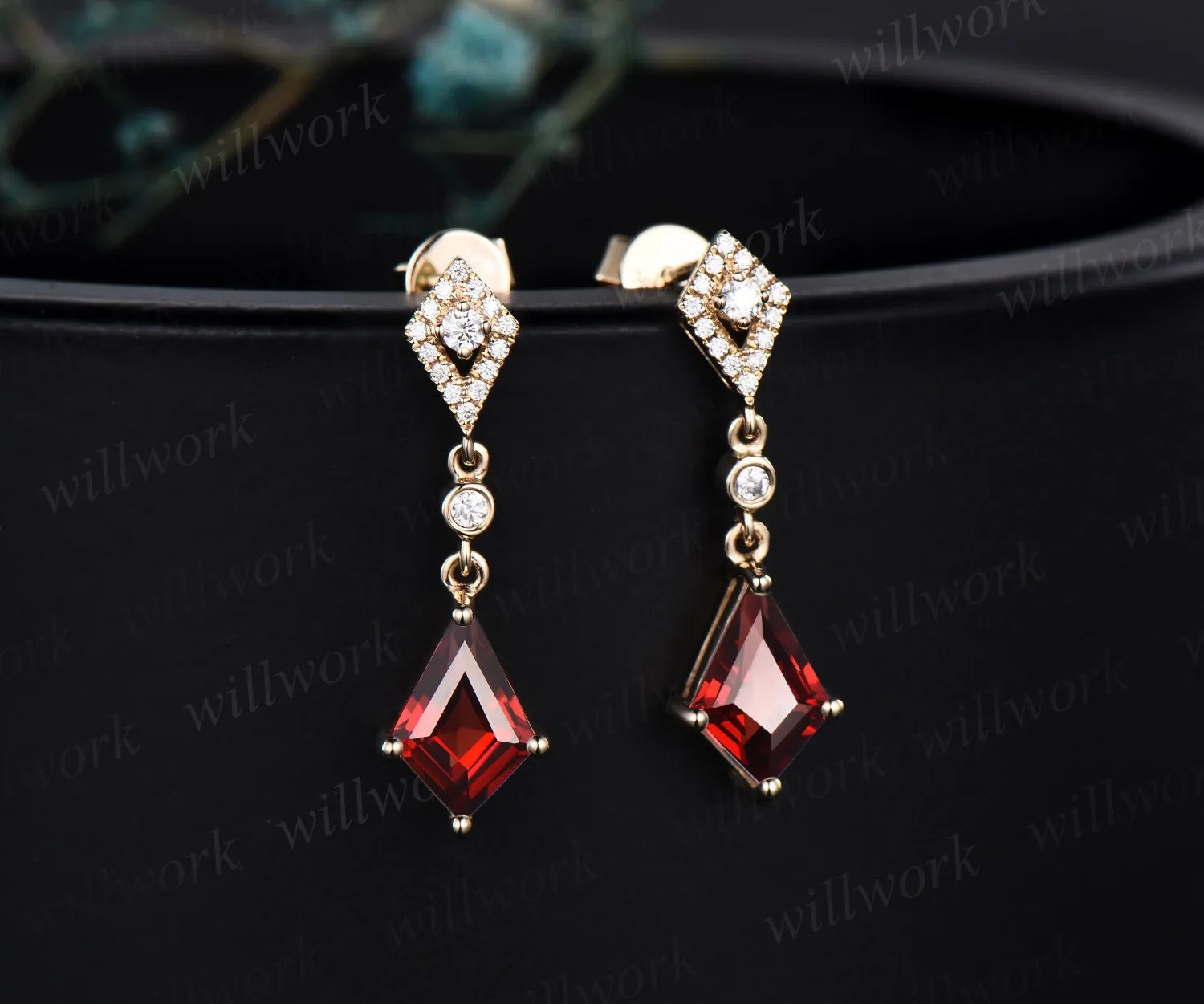 Vintage kite cut red garnet earrings solid 14k yellow gold halo diamond drop earrings women January birthstone dainty anniversary gift her sold by Willwork Jewelry product image thumbnail 2