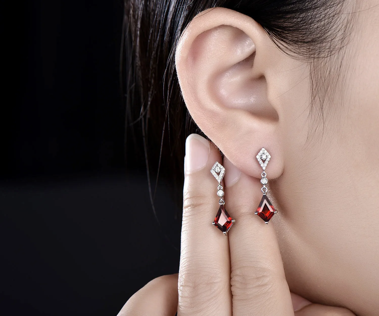 Vintage kite cut red garnet earrings solid 14k yellow gold halo diamond drop earrings women January birthstone dainty anniversary gift her sold by Willwork Jewelry product image thumbnail 4