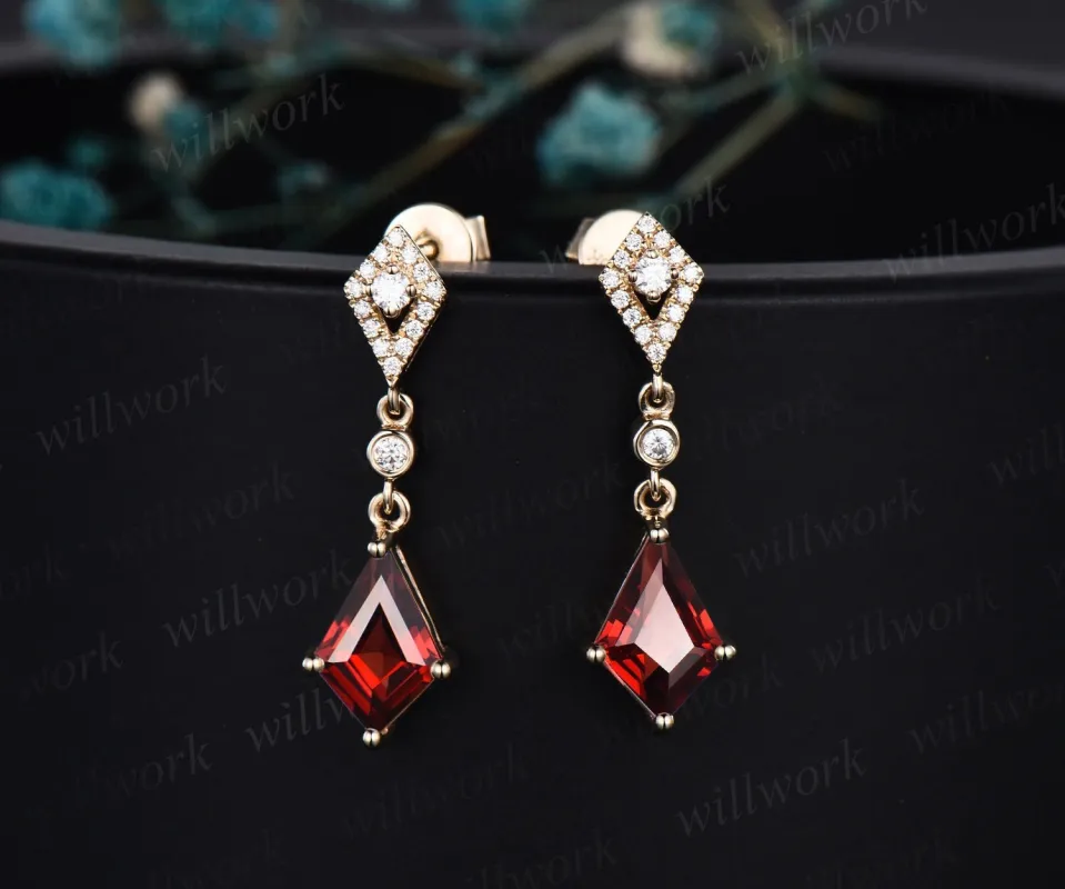 Vintage kite cut red garnet earrings solid 14k yellow gold halo diamond drop earrings women January birthstone dainty anniversary gift her sold by Willwork Jewelry