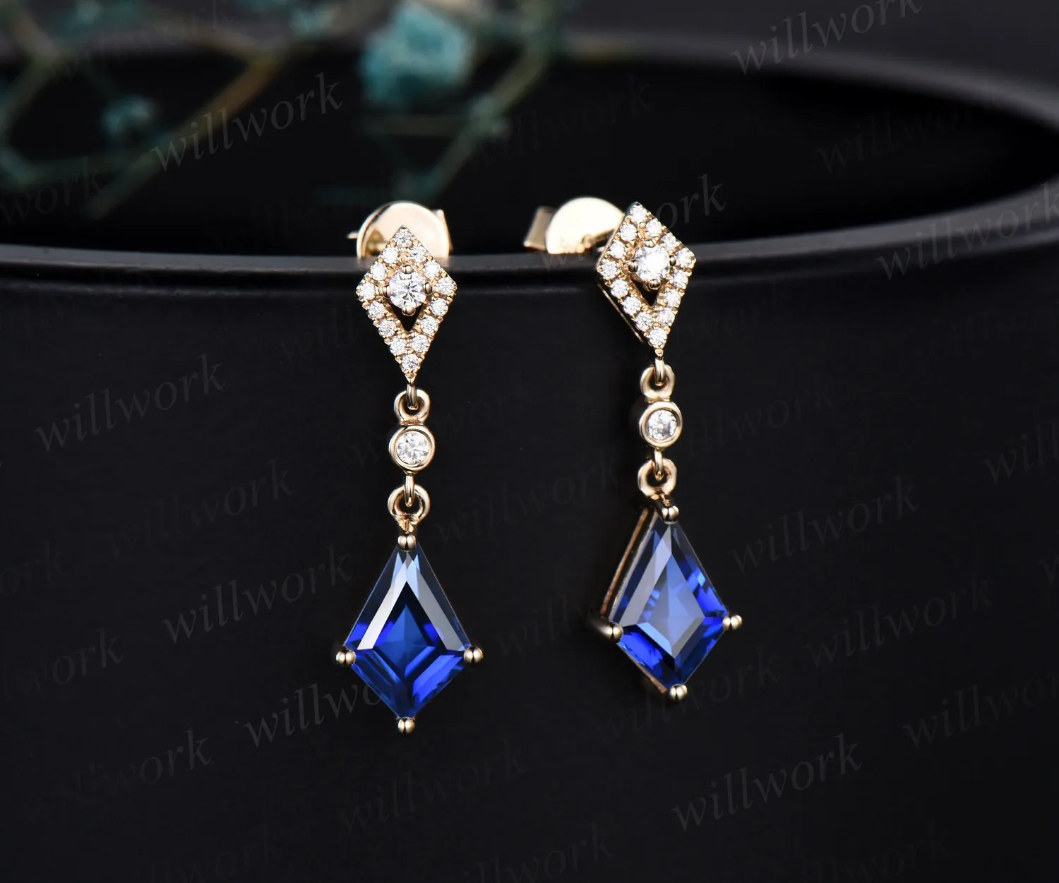 Vintage kite cut blue sapphire earrings solid 14k yellow gold halo diamond drop earrings women July birthstone dainty anniversary gift her sold by Willwork Jewelry product image thumbnail 2