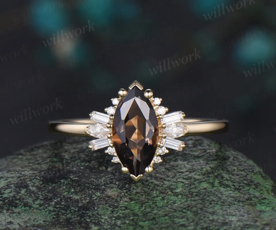 Marquise cut smoky quartz engagement ring solid 14k yellow gold cluster Baguette cut moissanite wedding anniversary ring women gift sold by Willwork Jewelry