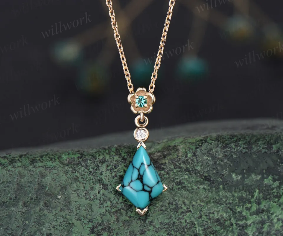 Kite turquoise necklace solid 14k yellow gold bezel emerald diamond floral pendant women her anniversary bridal gift mother jewelry made by Willwork Jewelry
